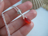 Amberina Red Sea Glass Necklace, red beach glass pendant with leaf setting