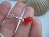 Amberina Red Sea Glass Necklace, red beach glass pendant with leaf setting