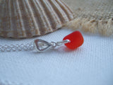 Amberina Red Sea Glass Necklace, red beach glass pendant with heart setting
