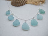 Japanese Sea Glass Necklace, Teal Sea Foam Blue Mix 18" sterling silver 3