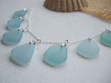 Japanese Sea Glass Necklace, Teal Sea Foam Blue Mix 18" sterling silver 3