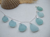 Japanese Sea Glass Necklace, Teal Sea Foam Blue Mix 18" sterling silver 3