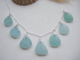 Japanese Sea Glass Necklace, Teal Sea Foam Blue Mix 18" sterling silver 3