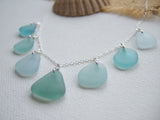 Japanese Sea Glass Necklace, Teal Sea Foam Blue Mix 18" sterling silver 4