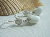 White Milk Sea Glass Earrings, Flower Design Sterling Silver