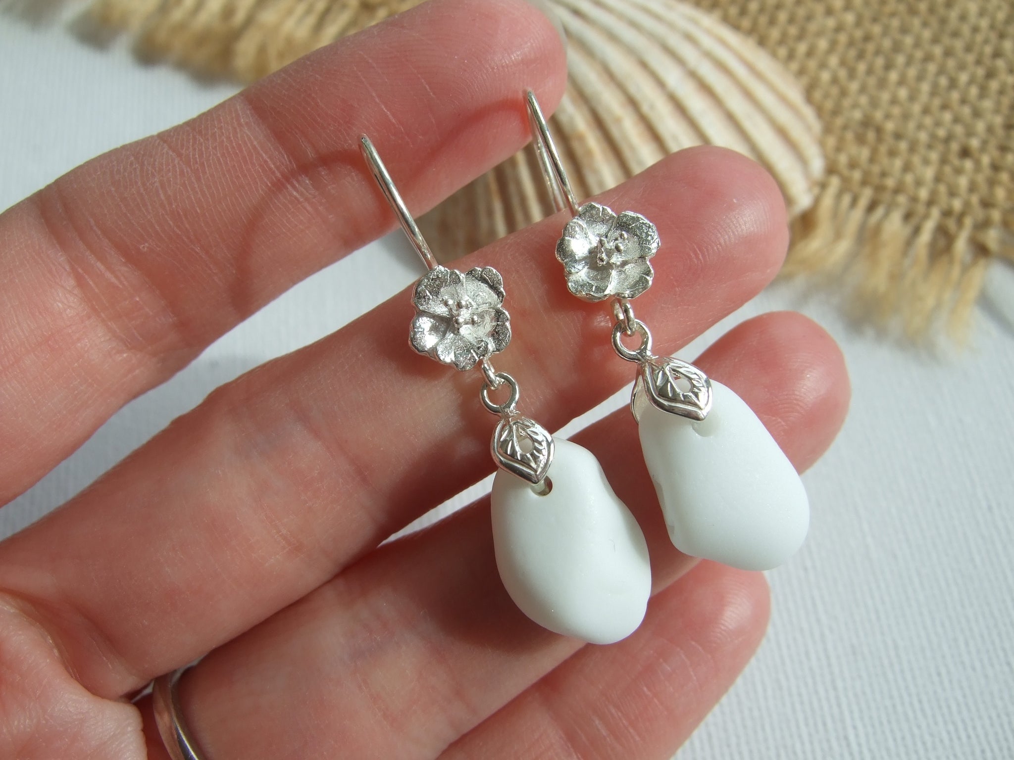 White Milk Sea Glass Earrings Heart Design Sterling Silver