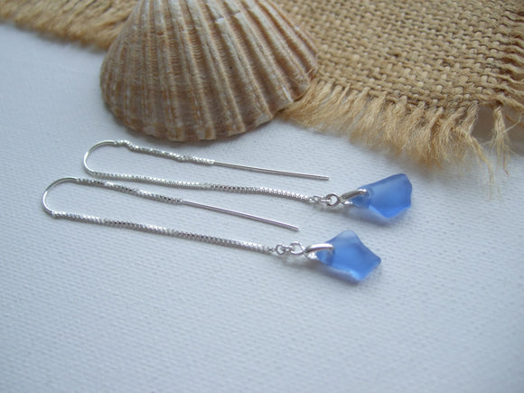 petite blue sea glass threader earrings