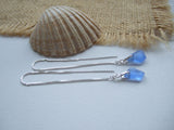 Blue Sea Glass Threader Earrings, Petite Size, Sterling Silver
