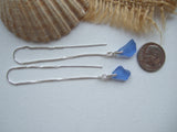 Blue Sea Glass Threader Earrings, Petite Size, Sterling Silver