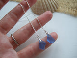 Blue Sea Glass Threader Earrings, Petite Size, Sterling Silver