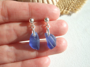 Blue Scottish Sea Glass Earrings, Stud earrings sterling silver