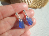 Blue Scottish Sea Glass Earrings, Stud earrings sterling silver