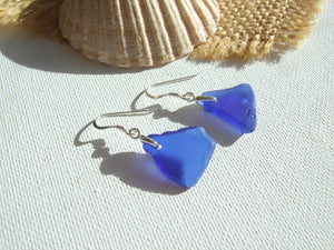 Blue Scottish Sea Glass Earrings on Minimalist Hooks Sterling Silver