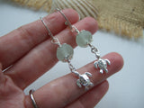 Sea Glass Marbles Earrings with turtle design, chandelier dangling leverback