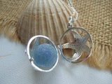 Sea Glass Marble Locket - Star Fish & Blue Cat's Eye