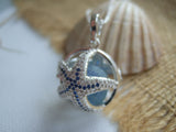 Sea Glass Marble Locket - Star Fish & Blue Cat's Eye