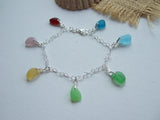 Seaham Sea Glass Rainbow Bracelet 7" Hearts Sterling Silver