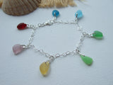 Seaham Sea Glass Rainbow Bracelet 7" Hearts Sterling Silver