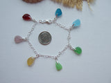 Seaham Sea Glass Rainbow Bracelet 7" Hearts Sterling Silver