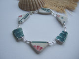 Scottish Sea Pottery Red Green Floral Bracelet - 9" Sterling Silver