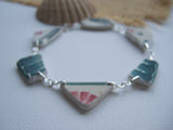 Scottish Sea Pottery Red Green Floral Bracelet - 9" Sterling Silver