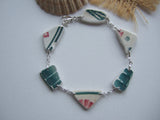 Scottish Sea Pottery Red Green Floral Bracelet - 9" Sterling Silver