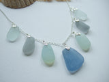 Pastel Blue Grey Opalescent Shades Sea Glass Necklace - 22' Sterling Silver