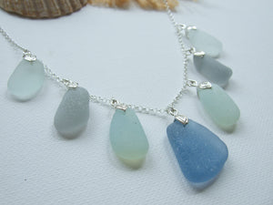 Pastel Blue Grey Opalescent Shades Sea Glass Necklace - 22' Sterling Silver