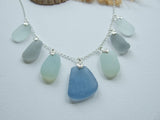 Pastel Blue Grey Opalescent Shades Sea Glass Necklace - 22' Sterling Silver