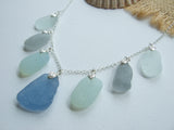 Pastel Blue Grey Opalescent Shades Sea Glass Necklace - 22' Sterling Silver