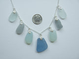 Pastel Blue Grey Opalescent Shades Sea Glass Necklace - 22' Sterling Silver