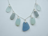 Pastel Blue Grey Opalescent Shades Sea Glass Necklace - 22' Sterling Silver