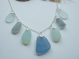 Pastel Blue Grey Opalescent Shades Sea Glass Necklace - 22' Sterling Silver