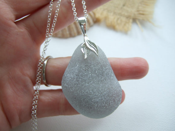 large grey sea glass pendant with mermaid setting