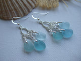 Japanese Sea Glass Earrings, Chandelier Aqua Sea Foam Sterling Silver Earrings