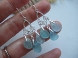 Japanese Sea Glass Earrings, Chandelier Aqua Sea Foam Sterling Silver Earrings