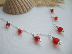 Red shades sea glass bead necklace, petite - garnet like - 18" sterling silver
