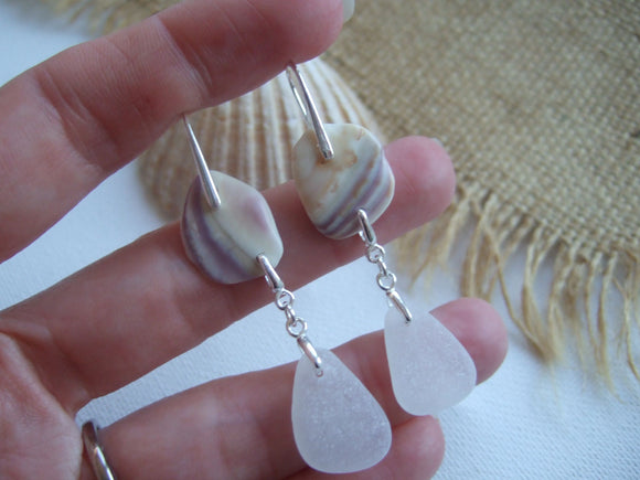 wampum quahog shell earrings with sea glass