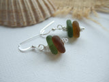 Green Brown Sea Glass Stacker Earrings - sterling silver