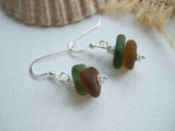 Green Brown Sea Glass Stacker Earrings - sterling silver