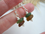 Green Brown Sea Glass Stacker Earrings - sterling silver