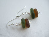 Green Brown Sea Glass Stacker Earrings - sterling silver