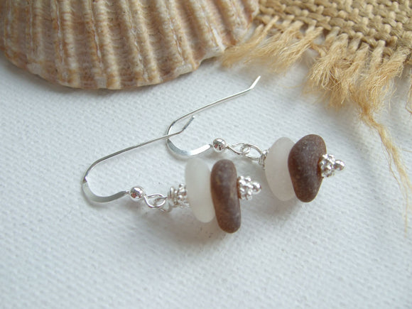 White Brown Sea Glass Stacker Earrings - sterling silver