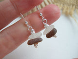 White Brown Sea Glass Stacker Earrings - sterling silver