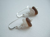 White Brown Sea Glass Stacker Earrings - sterling silver
