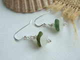 White Green Sea Glass Stacker Earrings - sterling silver