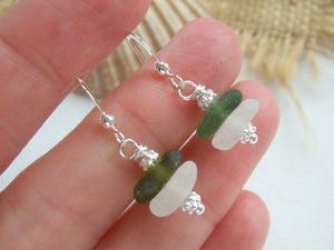 White Green Sea Glass Stacker Earrings - sterling silver