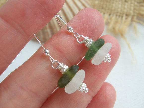 White Green Sea Glass Stacker Earrings - DIY Kit available - sterling silver