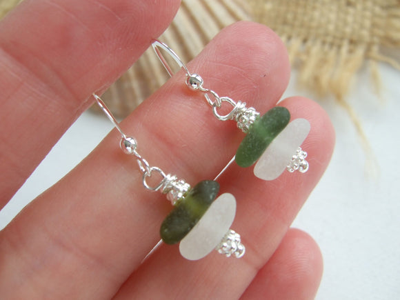 White Green Sea Glass Stacker Earrings - sterling silver
