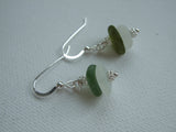 White Green Sea Glass Stacker Earrings - sterling silver